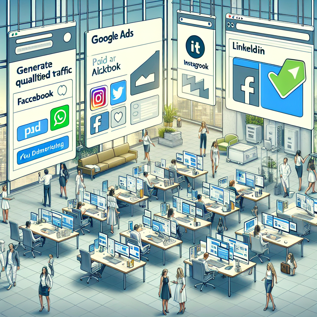Ilustração de anúncios pagos em diferentes plataformas digitais como Google Ads, Facebook, Instagram, TikTok, LinkedIn e Twitter, mostrando um orçamento sendo alocado para gerar tráfego qualificado.