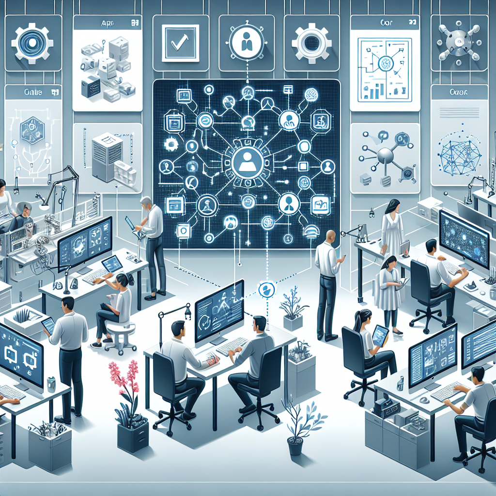 Ilustração representando a importância dos aplicativos para otimização de processos, mostrando ícones de produtividade, colaboração e automação interligados em um ambiente digital.