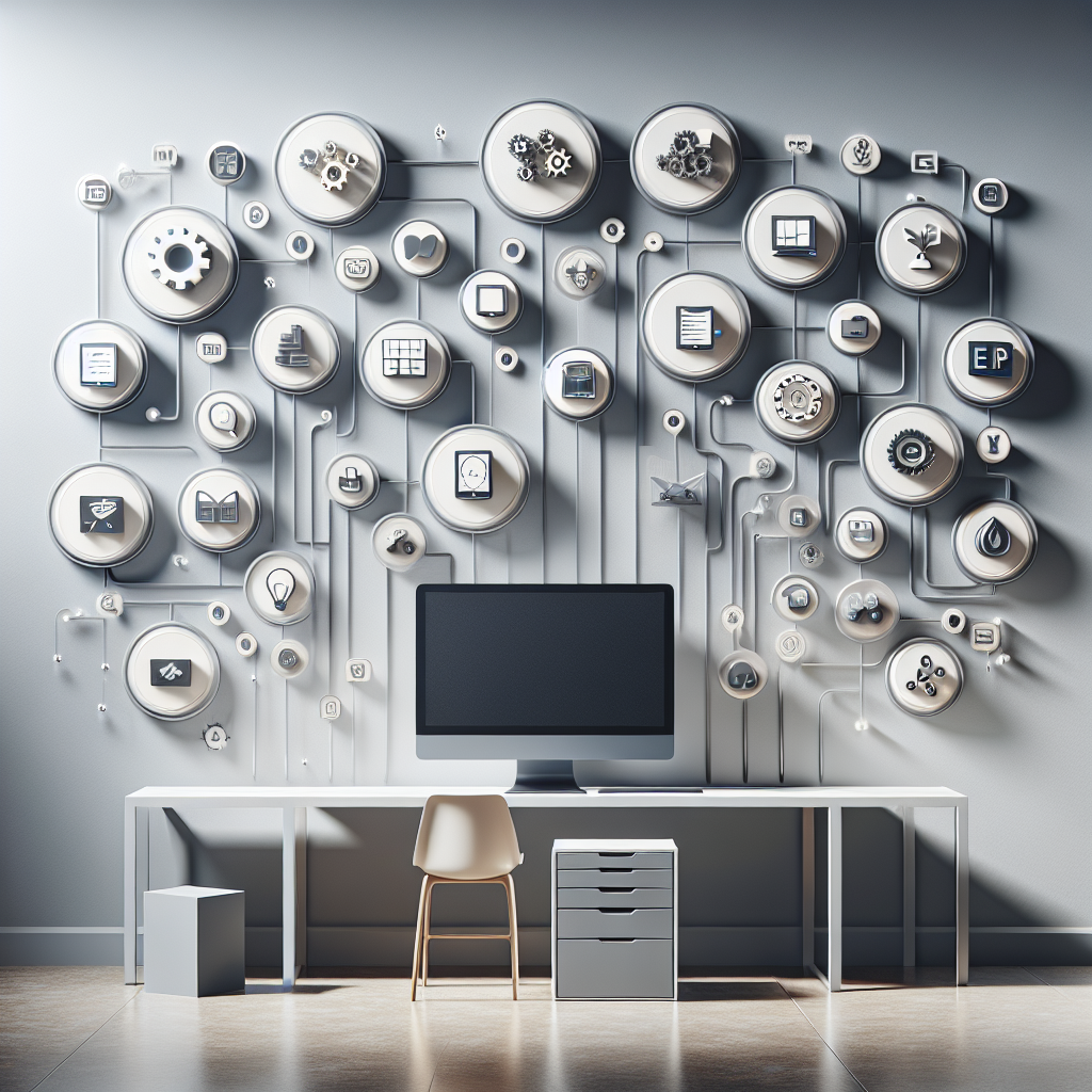 Imagem representando soluções digitais para empresas brasileiras, mostrando ícones de ERP, CRM, automação, comunicação e análise de dados conectados a um computador central, simbolizando a transformação digital e a eficiência operacional.